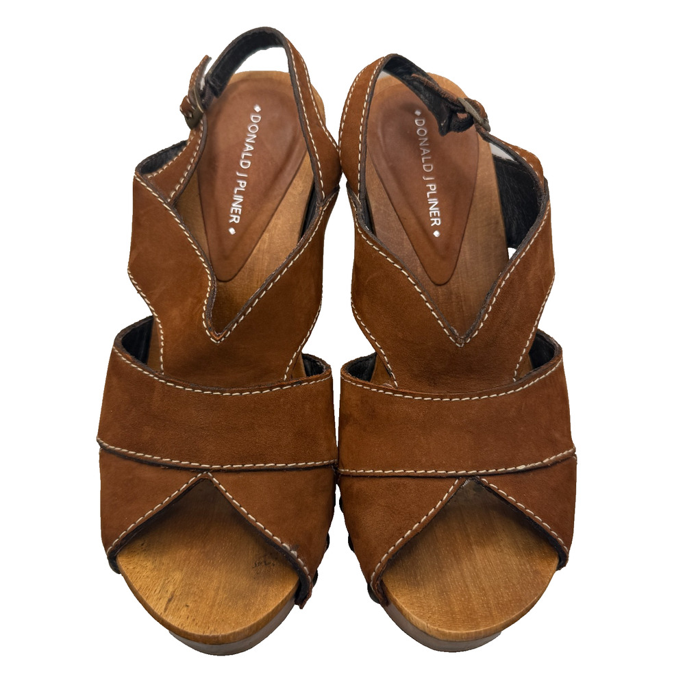 Donald J Pliner Wood Wedge Sandals Women 8M Brown Suede Studded Clog Boho *READ*